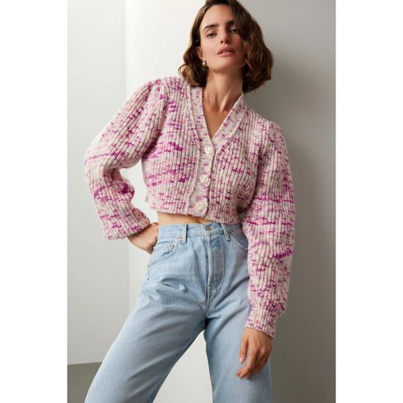 LoveShackFancy Womens Cropped Cardigan Sweater S Pink & Purple Wool Blend - Picture 1 of 10